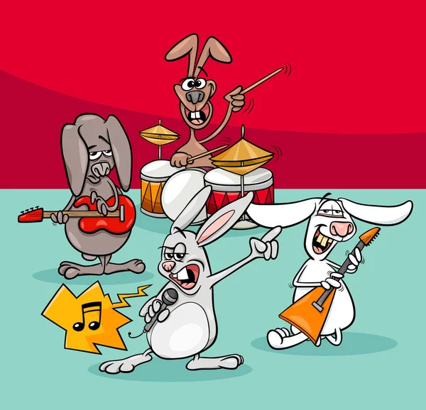 Conejos músicos de rock banda de dibujos animados ilustración — Vector de stock