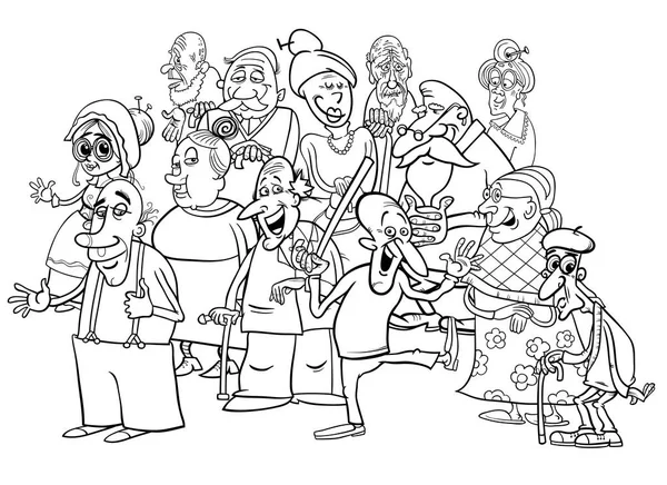 Personagens seniores grupo desenho animado livro para colorir — Vetor de Stock