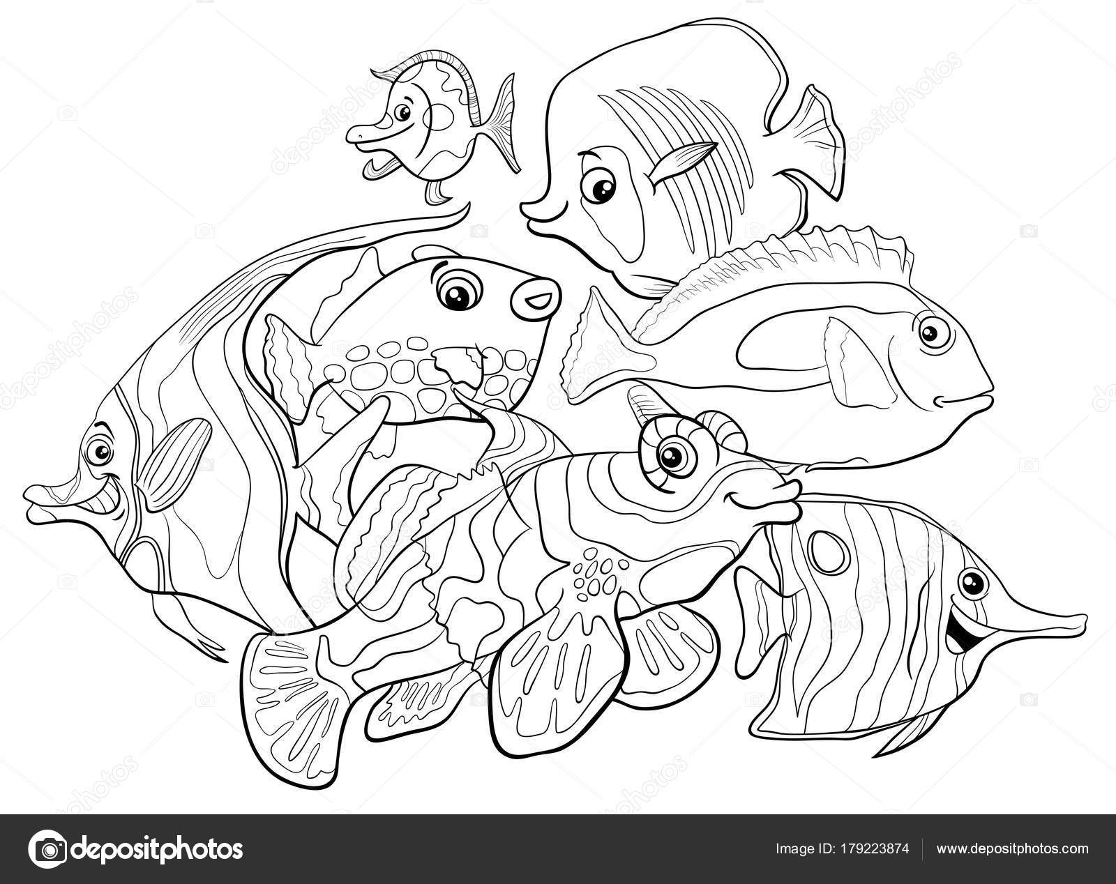 Peces tropicales animales personajes para colorear libro vector