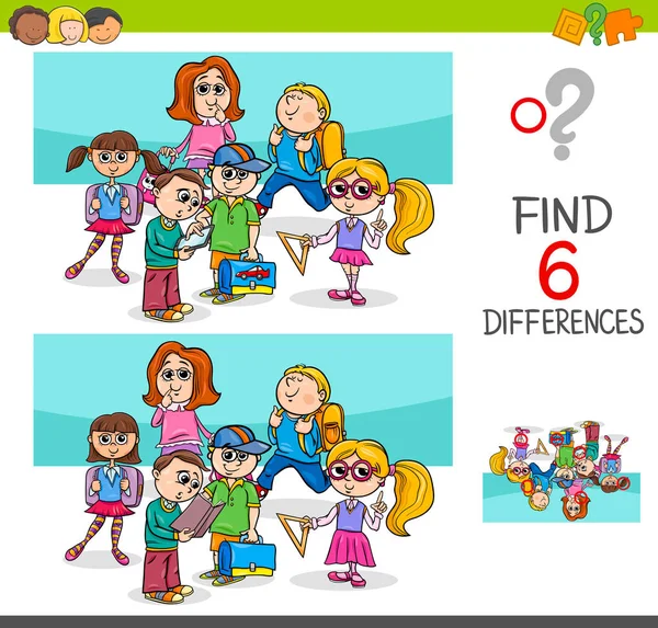 Keresse meg a különbségeket, iskolás gyermekek karakterekkel — Stock Vector