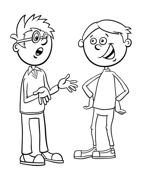 Niños niños personajes hablando dibujos animados para colorear página — Vector de stock