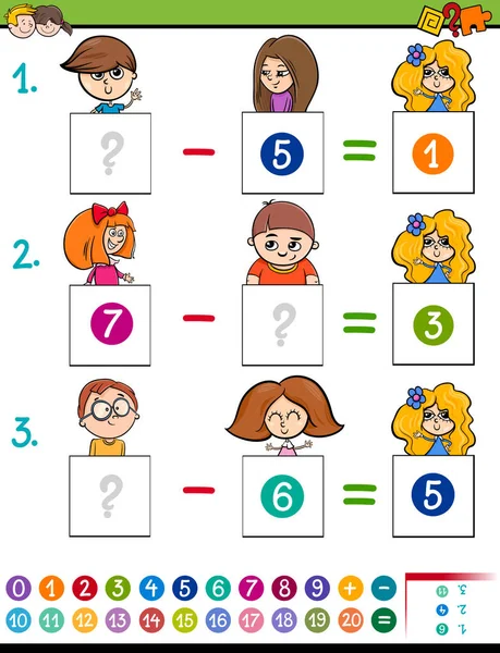 Matemáticas juego de resta con personajes de niños — Archivo Imágenes Vectoriales