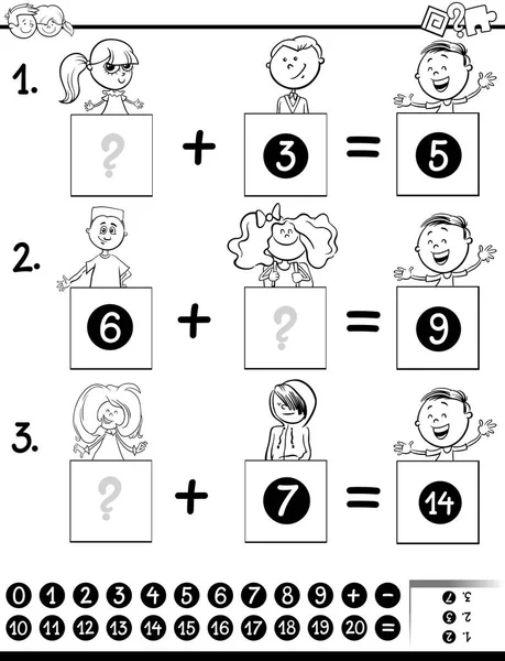 加法教育游戏着色页与孩子 — 图库矢量图片