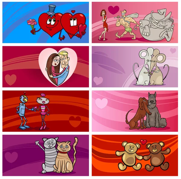 Valentine cartoon greeting cards designs set — Stock Vector