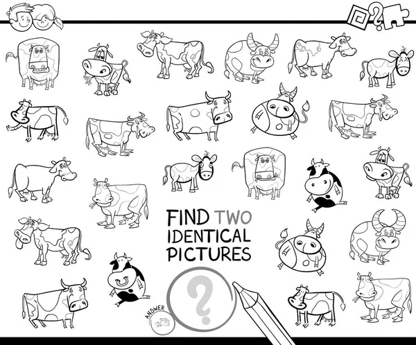 Encontrar dos vacas idénticas libro de color educativo — Vector de stock