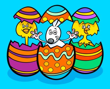 Paskalya tavşanı ve tavuk illüstrasyon karikatür