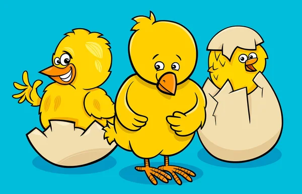 Galinhas dos desenhos animados que eclodem dos ovos — Vetor de Stock
