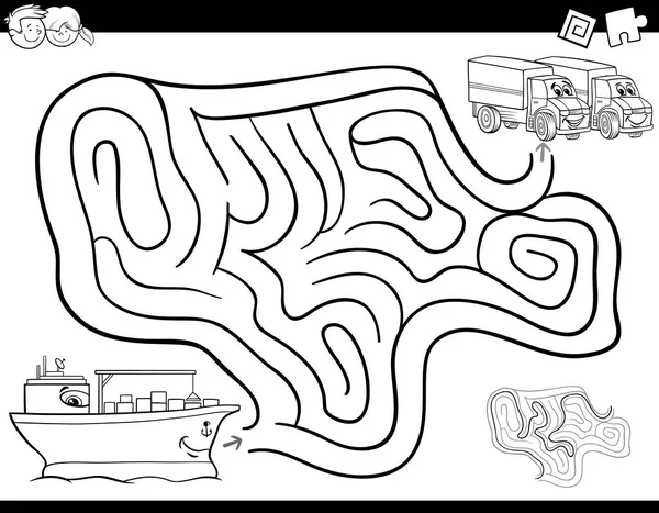 Labirinto gioco da colorare libro con nave e camion — Vettoriale Stock