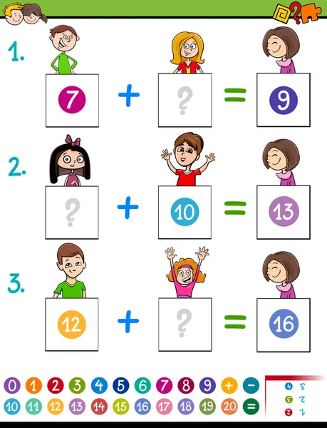 Maths addition jeu éducatif avec des enfants drôles — Image vectorielle