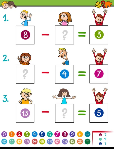 Matemáticas juego de resta con personajes de niños — Archivo Imágenes Vectoriales