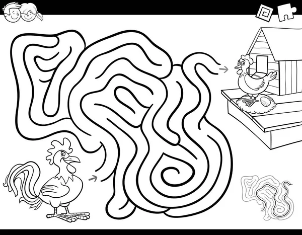 Livro de colorir jogo de labirinto com galo e galinha — Vetor de Stock
