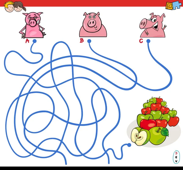 Caminos laberinto juego con cerdos y manzanas — Archivo Imágenes Vectoriales