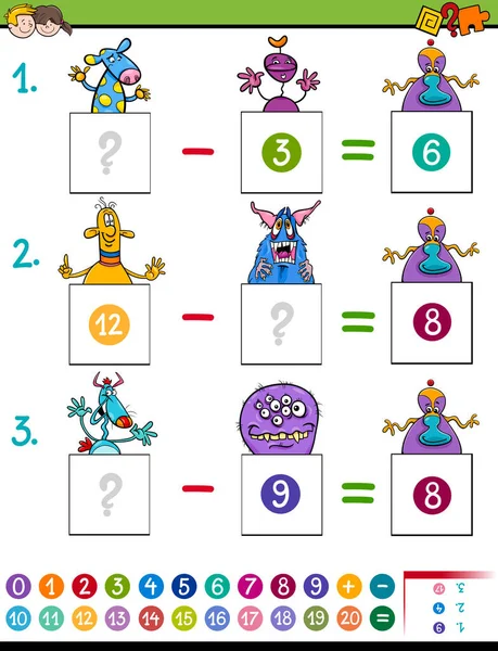 数学减法游戏与怪物字符 — 图库矢量图片