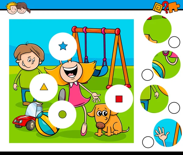 Match pieces puzzle with kids on playground — Stock Vector