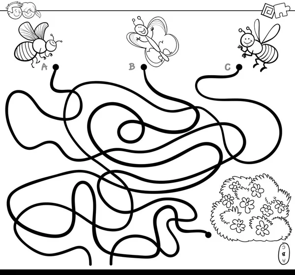 Labirin jalur dengan serangga dan bunga buku warna - Stok Vektor