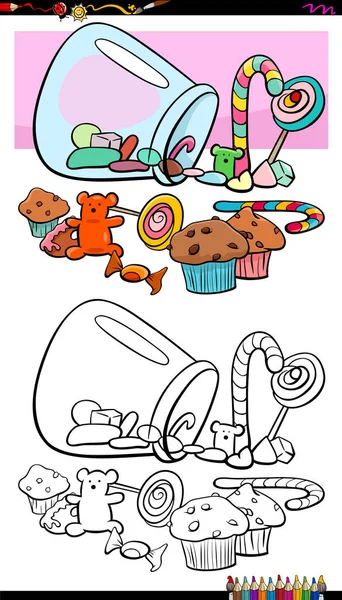 Grupo de dulces y caramelos para colorear libro — Vector de stock