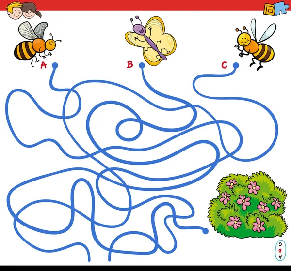 Chemins labyrinthe jeu avec des insectes et des fleurs — Image vectorielle