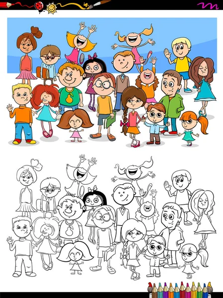 Feliz niños personajes grupo para colorear libro — Vector de stock