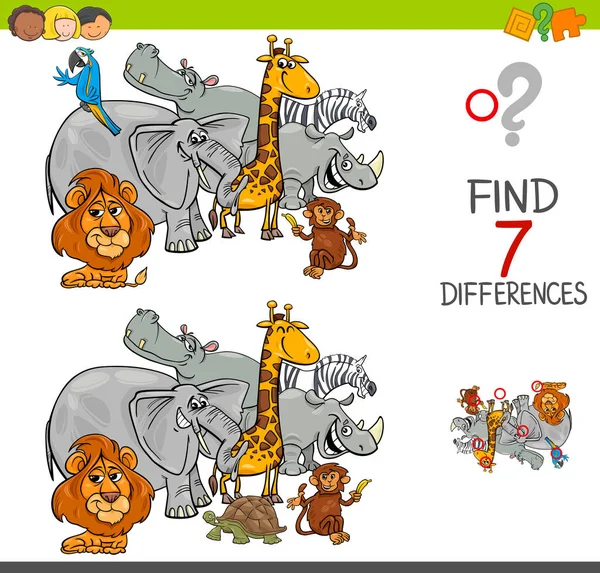 Encontrar diferencias con los personajes de animales safari — Vector de stock