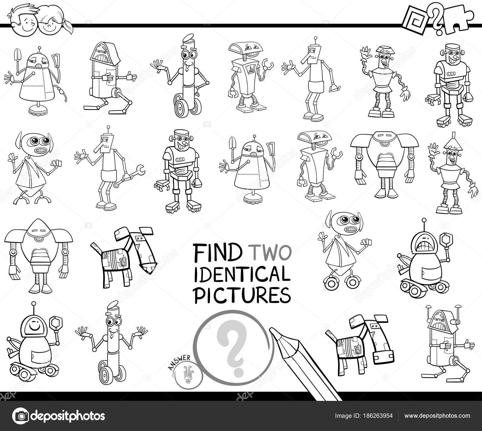 Bianco e nero del fumetto di trovare due immagini identiche attivit  didattica gioco per bambini con Robot Fantasy Characters libro da colorare — Vettoriali