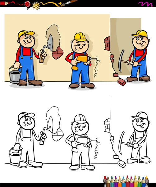 Trabajadores y constructores personajes grupo color libro — Vector de stock