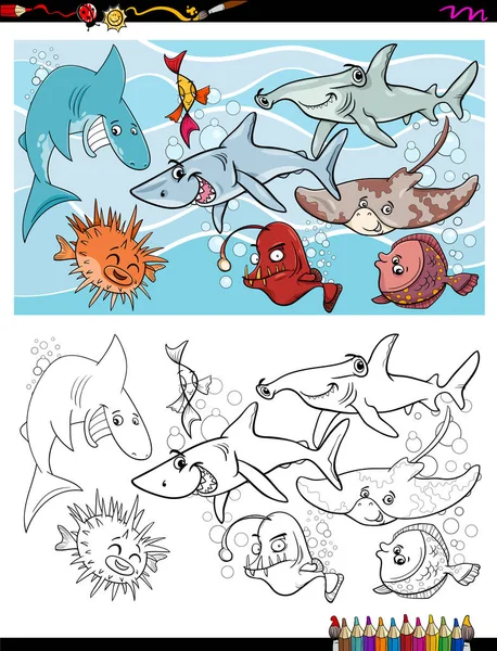 Fish marine life characters group color book — Stock Vector