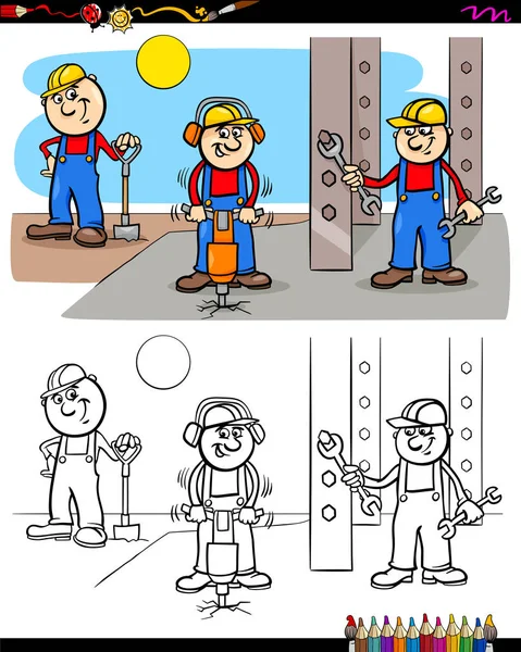 Trabajadores o constructores personajes para colorear libro — Vector de stock