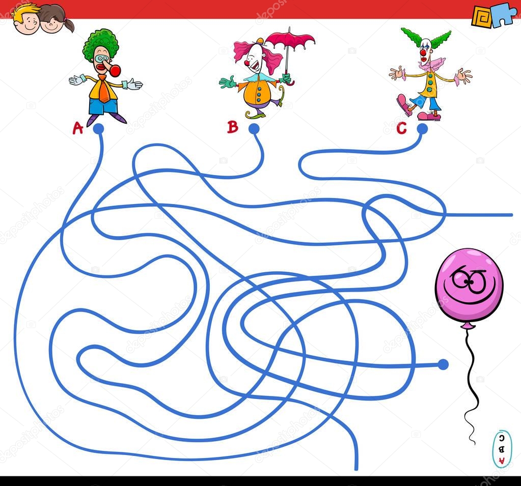 paths maze game with clowns and balloon