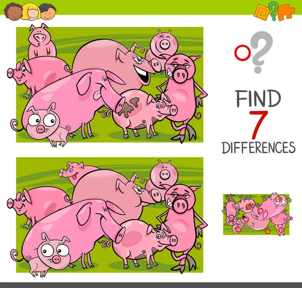 Zoek verschillen met varkens boerderij dierlijke karakters — Stockvector