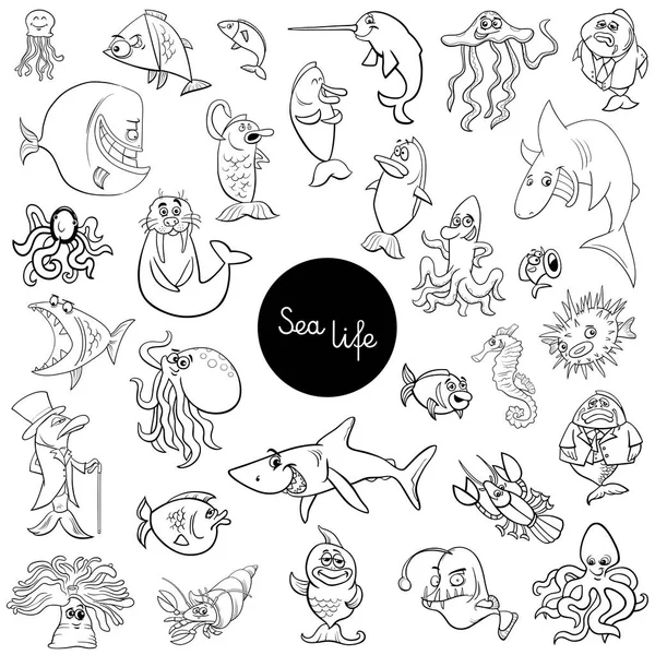 Cartoon sea life animal characters set color book — Stock Vector
