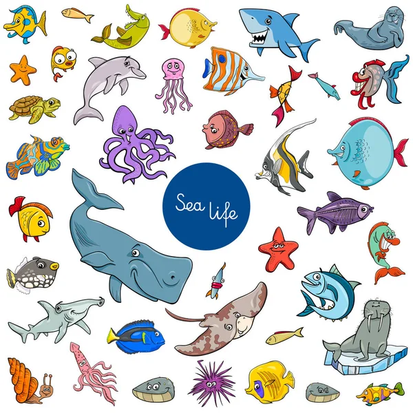 Dibujos animados vida marina animales personajes conjunto — Vector de stock