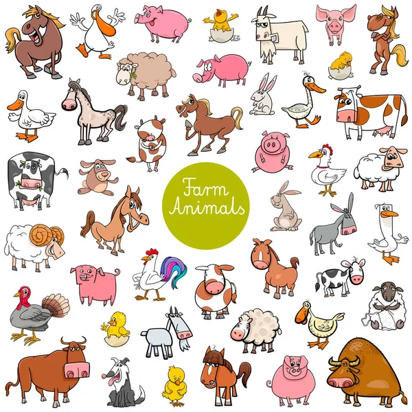 Dibujos animados animales granja personajes gran conjunto — Vector de stock