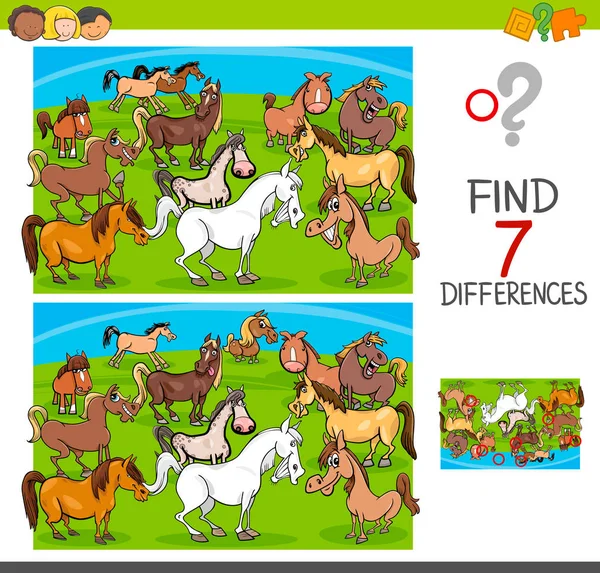 Farklılıklar oyunu atlar hayvan karakter bul — Stok Vektör