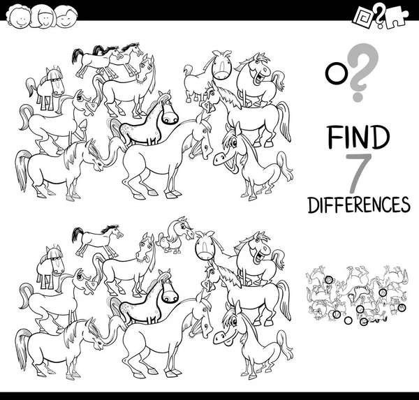Jeu de différences avec les chevaux de ferme livre à colorier — Image vectorielle