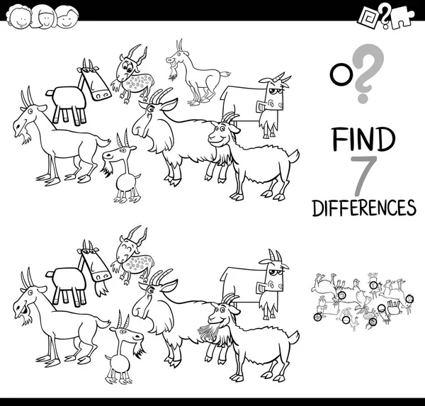 Differences game with farm goats coloring book — Stock Vector