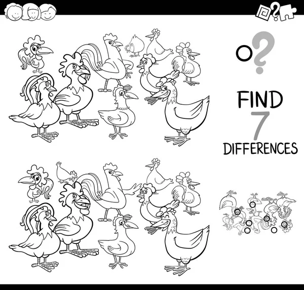 Juego de diferencias con pollos de granja para colorear libro — Vector de stock