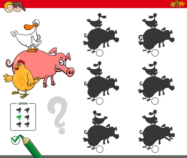 Shadows activity game with farm animals — Stock Vector