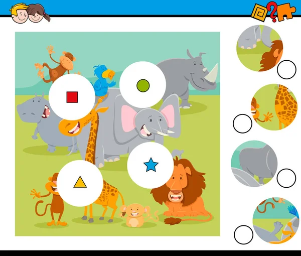 Pièces match puzzle avec safari animaux sauvages — Image vectorielle