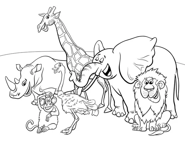 Dibujos animados safari animales personajes para colorear libro — Vector de stock