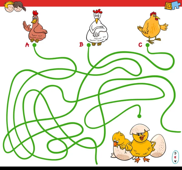 Percorsi gioco labirinto con galline e polli — Vettoriale Stock