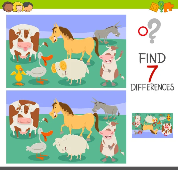 Differences game with funny farm animals — Stock Vector