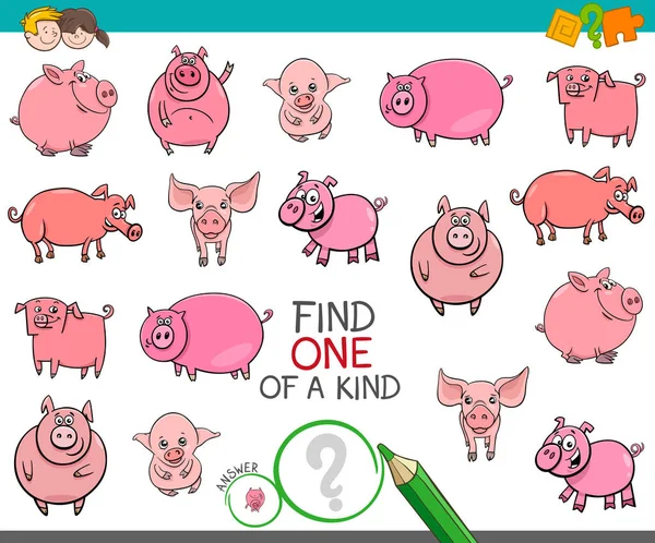 Encontrar uno de un tipo con personajes de cerdo divertido — Vector de stock