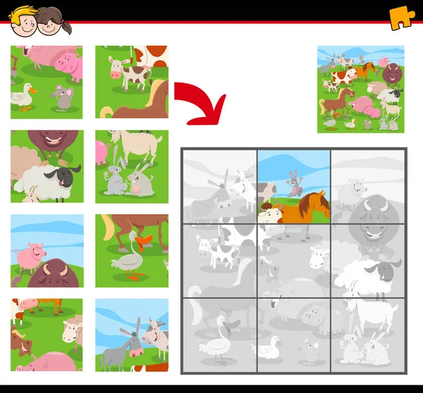 Puzzles avec groupe d'animaux de ferme — Image vectorielle