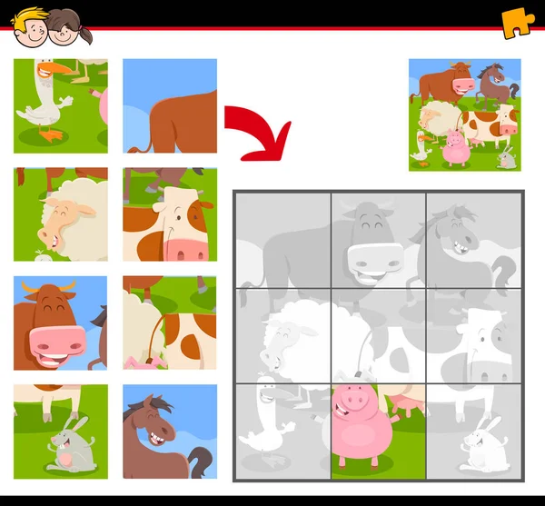 Rompecabezas con animales de granja felices — Vector de stock