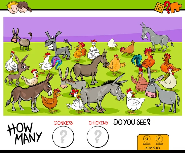 Contar burros y pollos juego educativo — Vector de stock