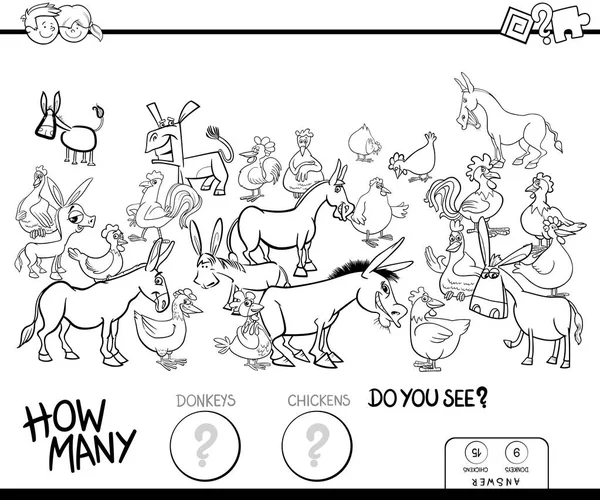 ロバや鶏のカラー本を数える — ストックベクタ