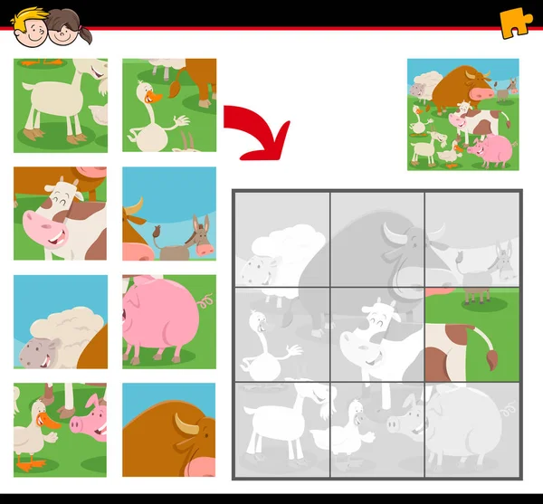 Jigsaw puzzles with cartoon farm animals — Stock Vector