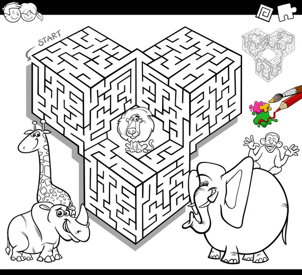 Livro de colorir labirinto com animais safári — Vetor de Stock