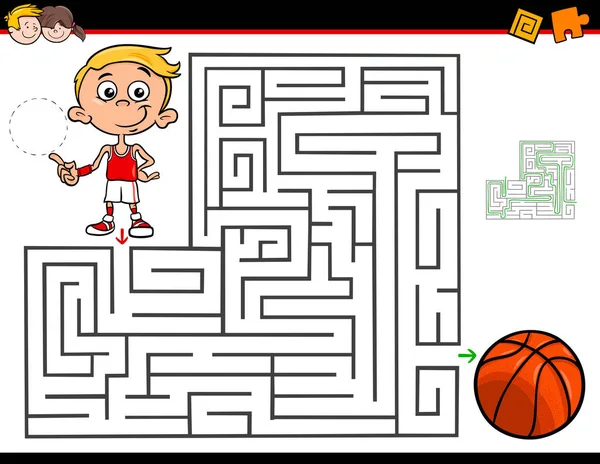 Γελοιογραφία λαβύρινθο δραστηριότητα με αγόρι, μπάσκετ — Διανυσματικό Αρχείο