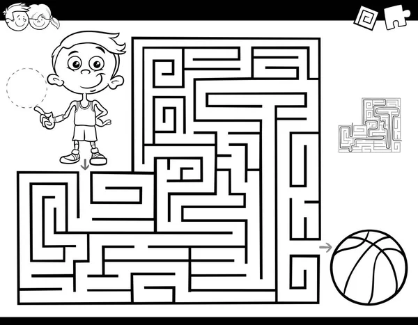 Laberinto libro de color con niño y baloncesto — Vector de stock